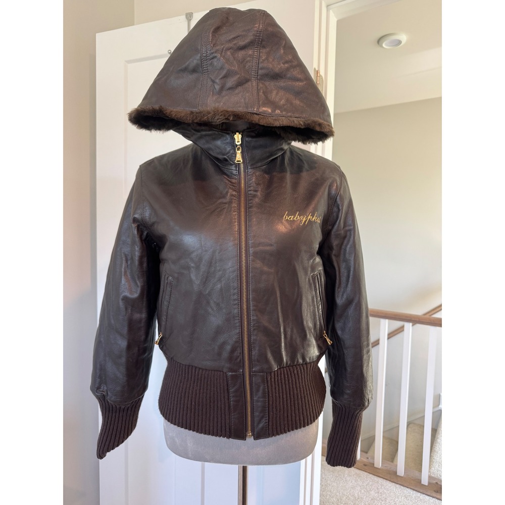 Vintage Y2K Baby Phat Reversible Leather Faux Fur Bomber Jacket Brown Gold Cat